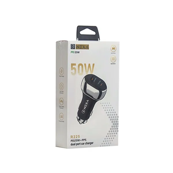 شارژر فندکی 50 وات نکسا مدل R225 دو پورت USB-C فست شارژ PD و PPS