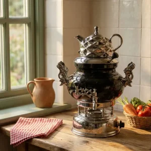 سماور گازی8 لیتر پانيذ کروم طرح سنگ یشمی (DMT)